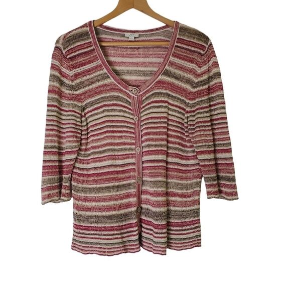 J. Jill Linen Blend Striped Knitted Button Front Cardigan Size L - Picture 1 of 6